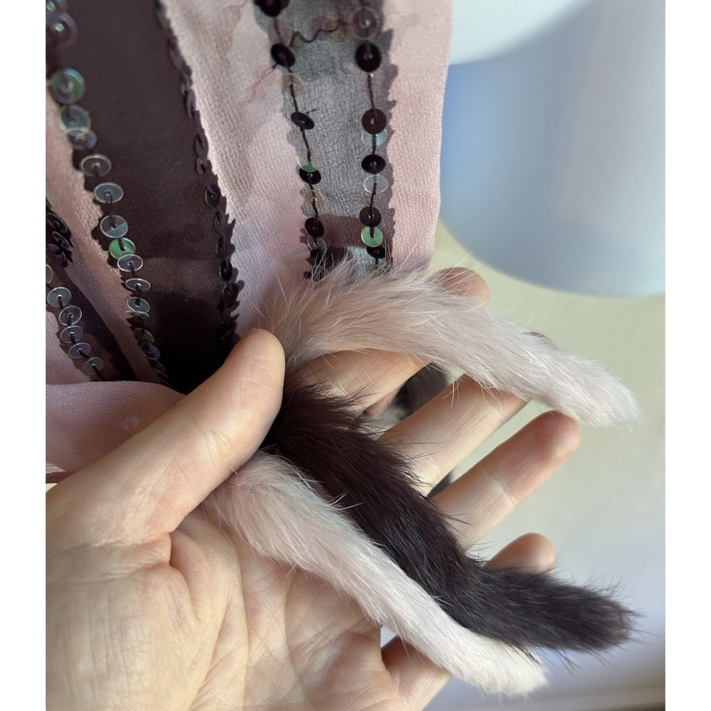 Sheer Silk Scarf Wrap Rabbit Fur Tassel Sequin Retro Glam Maximalist‎ Bohemian - Picture 4 of 7